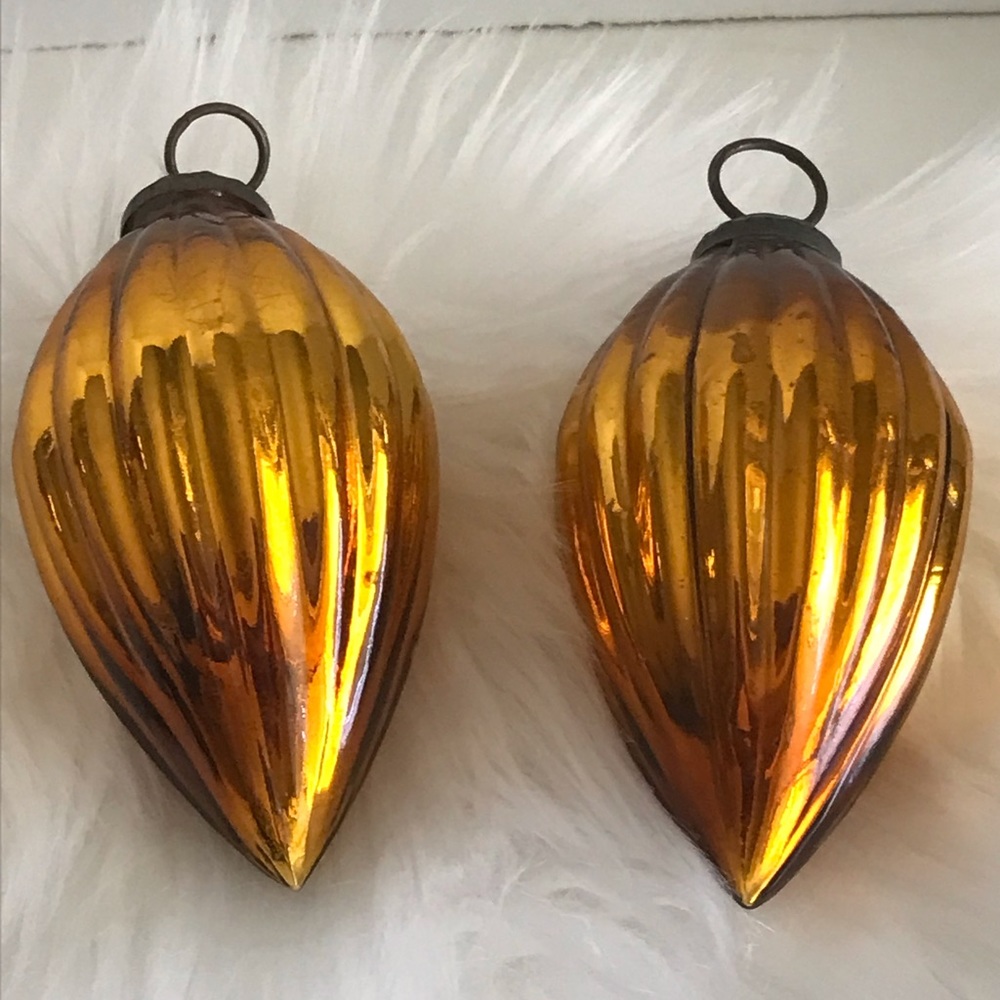 Set of 2 Kugel Amber Ribbed Glass Mercury Tear Drop Cap Christmas Ornaments -VTG